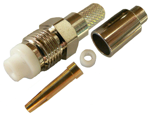 FME female solder pin, crimp connector for RG174 coaxial cable or RG316 coaxial cable, 50 Ohms – nickel plated